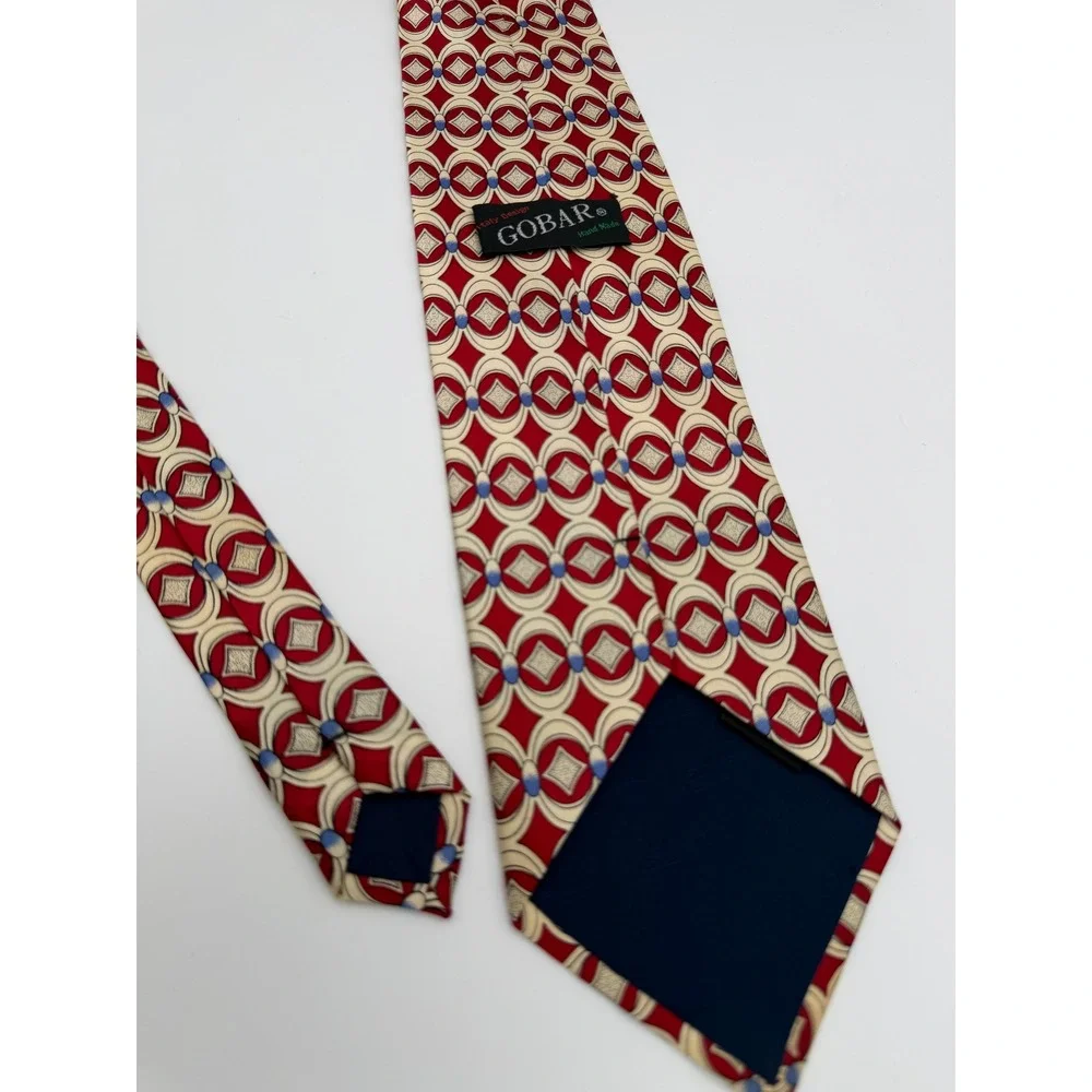 Gobar Italy Design Mens Silk Necktie Red Geometric 50s Rockabilly Vintage Style